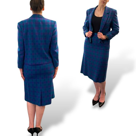 Vintage 80s Pendleton Plaid Skirt Suit Blazer Jacket Purple Aqua Blue Green M/L - Picture 2 of 11